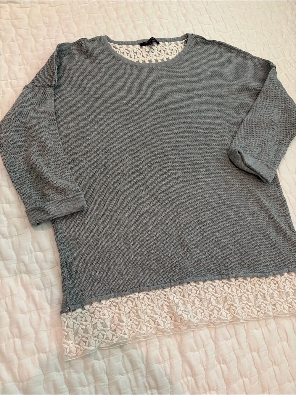 Olivia Sky Gray Crewneck Sweater with Cream Lace Hem